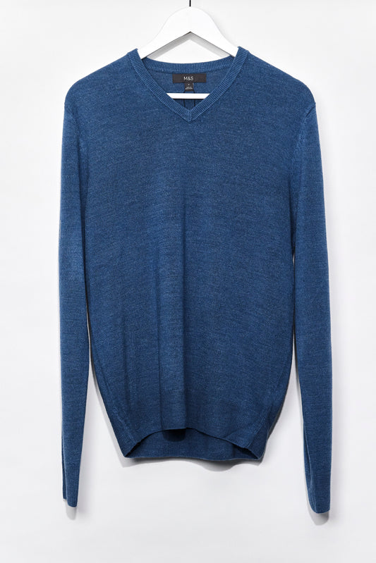 Mens M&S Blue Fine Knit Jumper with V Neck size Medium