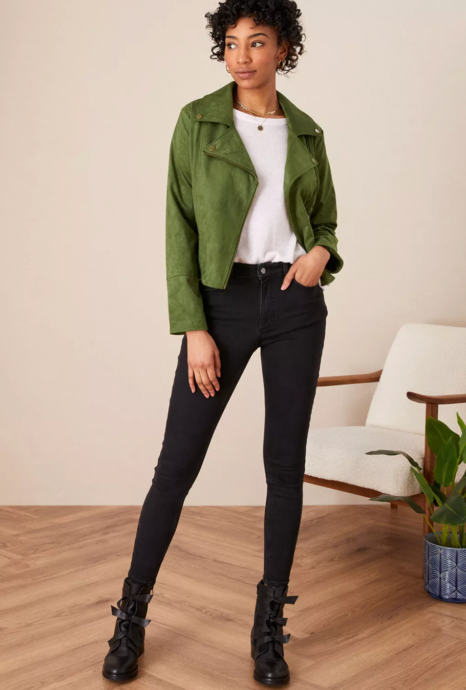 Womens Monsoon Green Suedette Biker Jacket size 10