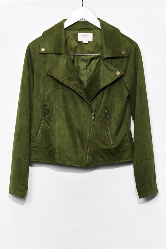 Womens Monsoon Green Suedette Biker Jacket size 10