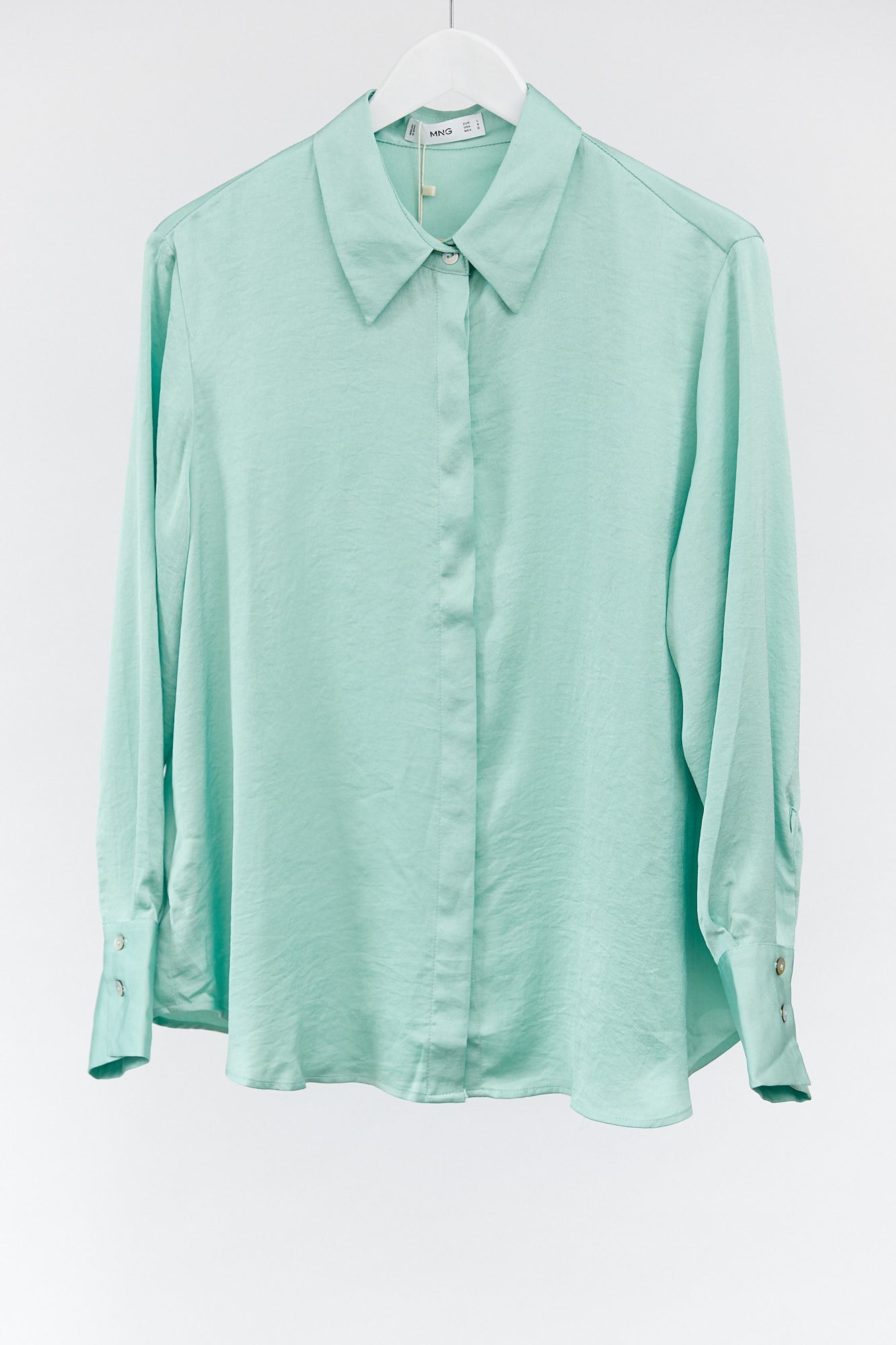 Womens Mango Turquoise satin shirt size medium – thestylingbank