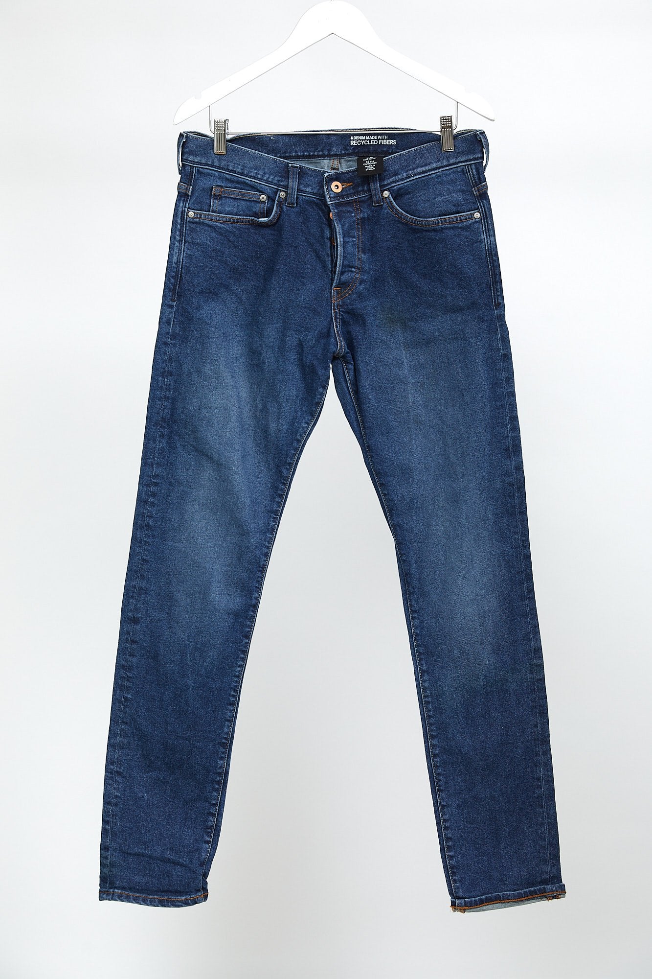 Mens H&M Dark Blue Slim Low Waist Jeans: W32 L34 - Main Image