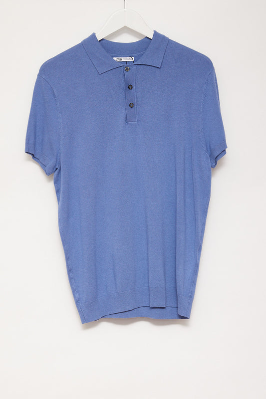 Mens Zara blue knitted polo top size medium