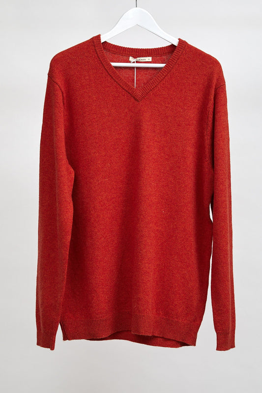 Mens WoolOvers Burnt Orange V-neck Jumper: Size Medium