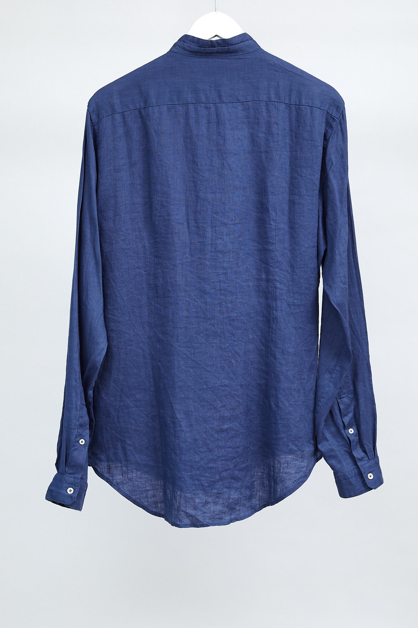 Mens Dark Blue Linen Mandarin collar Shirt: Size Large