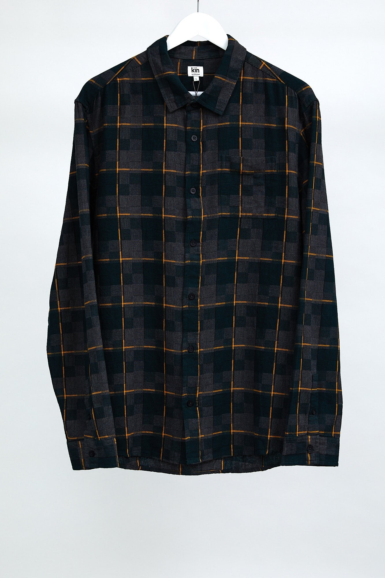 Mens Kin Grey, Green And Yellow Check Shirt: Size Large