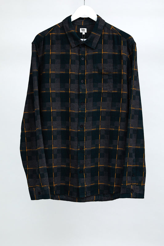 Mens Kin Grey, Green And Yellow Check Shirt: Size Large