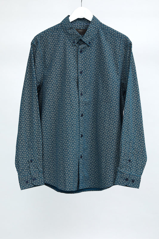Mens M&S Green Print Shirt: Size Medium