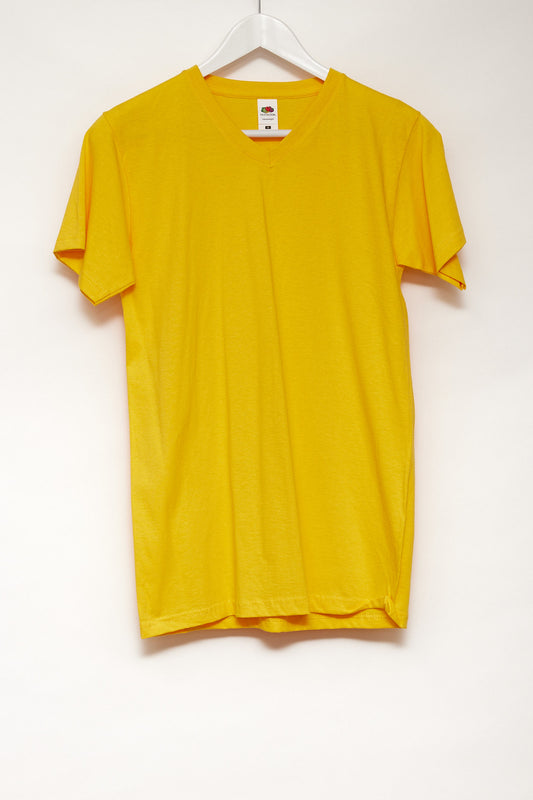 Mens Fruit of the Loom Yellow V-neck T-shirt: Size Small