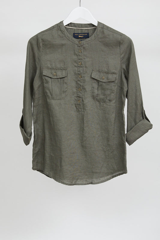 Womens Paul Costelloe Khaki Linen Blouse: Size Extra Small