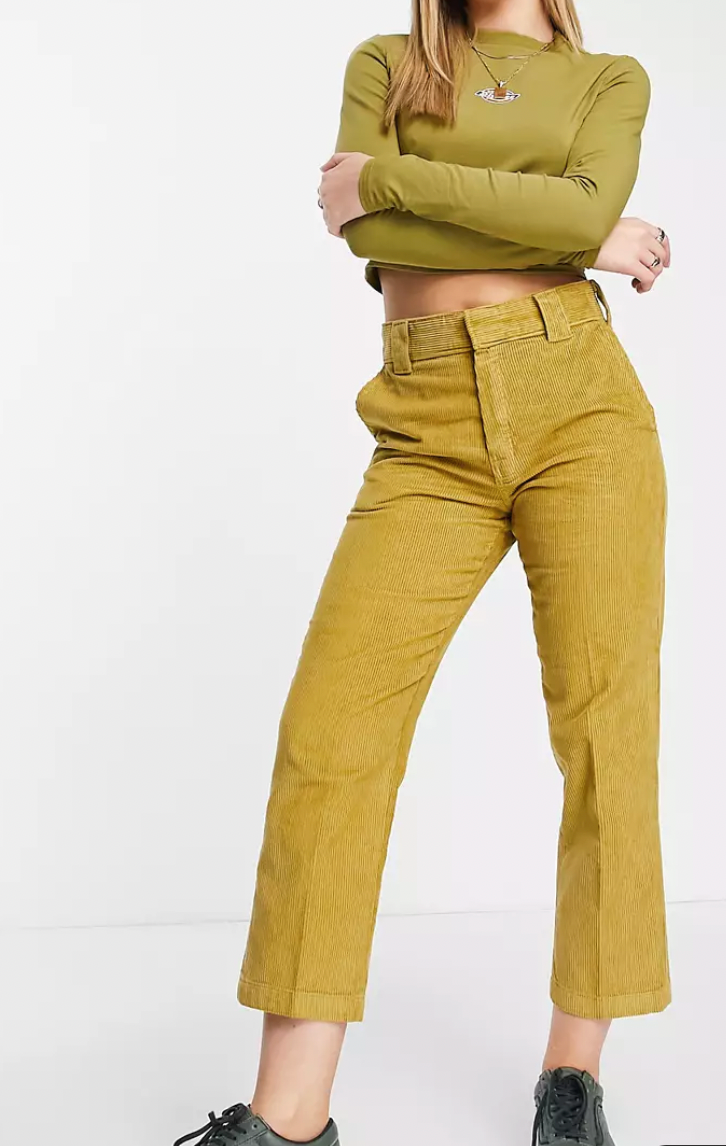 Womens Dickies cropped cord yellow trousers waist 26"