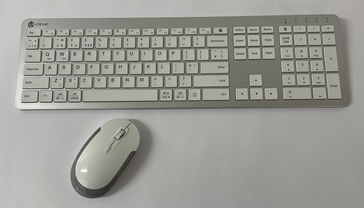 IClever Silver & White Wireless Computer Keyboard & Mouse set