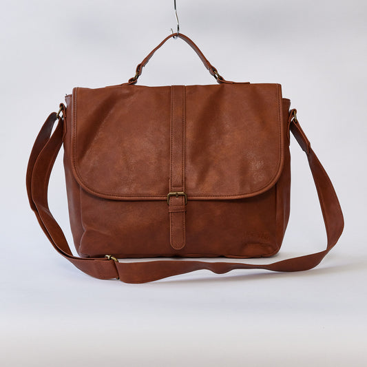 Brown leatherette satchel with shoulder strap