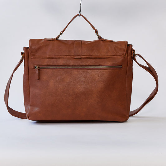 Brown leatherette satchel with shoulder strap