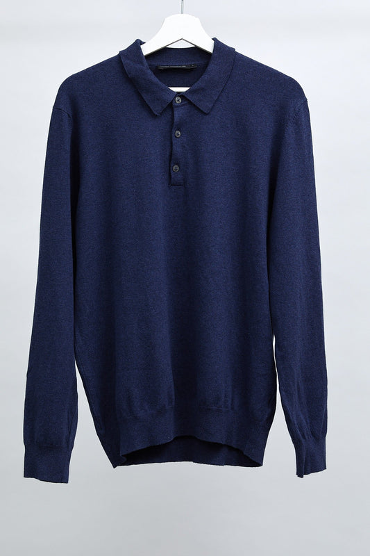 Mens Navy Long Sleeved Polo Style Jumper: Size Large