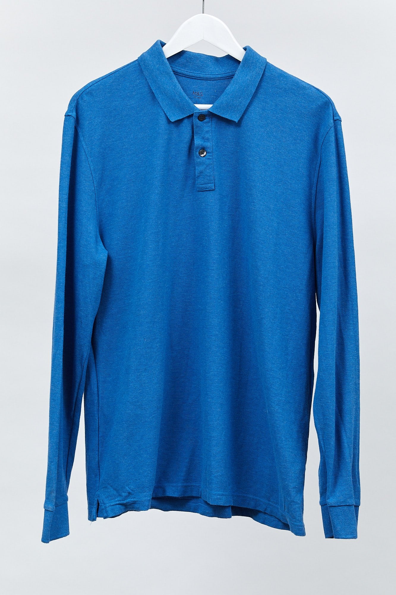 Mens Blue Long Sleeved Polo Shirt: Size Large