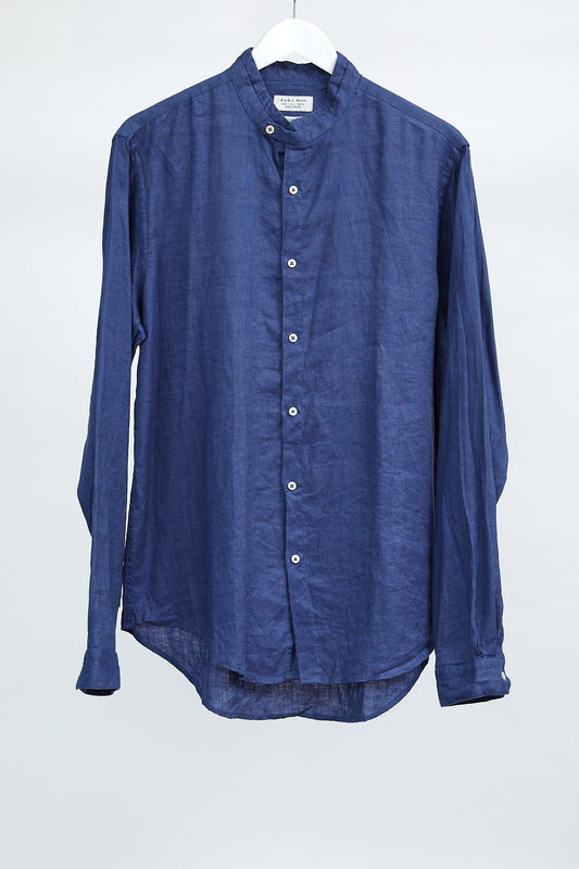 Mens Dark Blue Linen Mandarin collar Shirt: Size Large