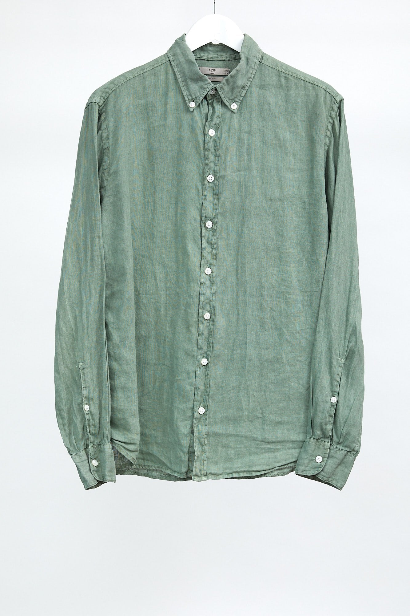 Mens Mango Green Linen Oxford Shirt: Size Medium