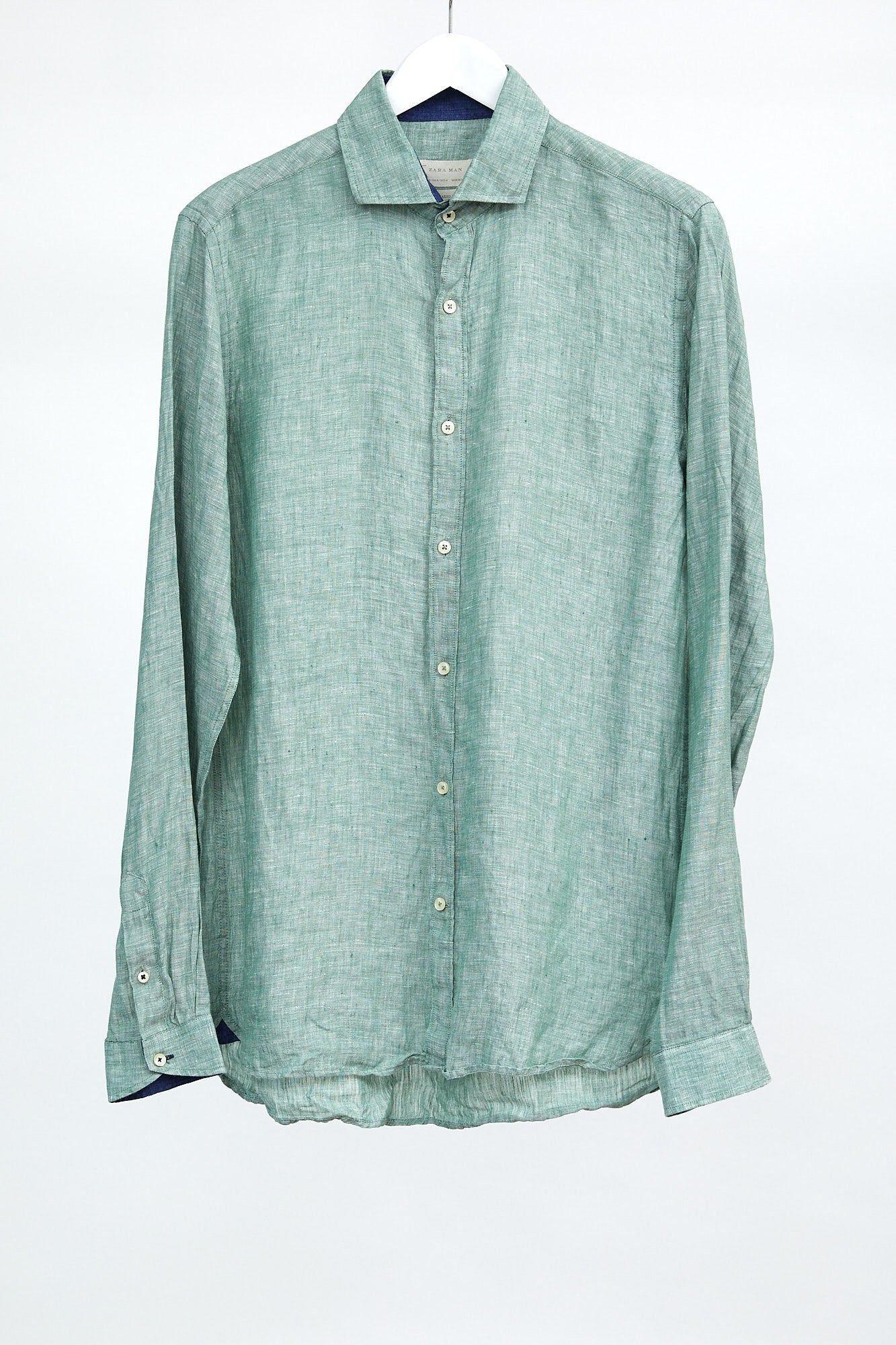 Mens Zara Green Linen Shirt: Size Medium